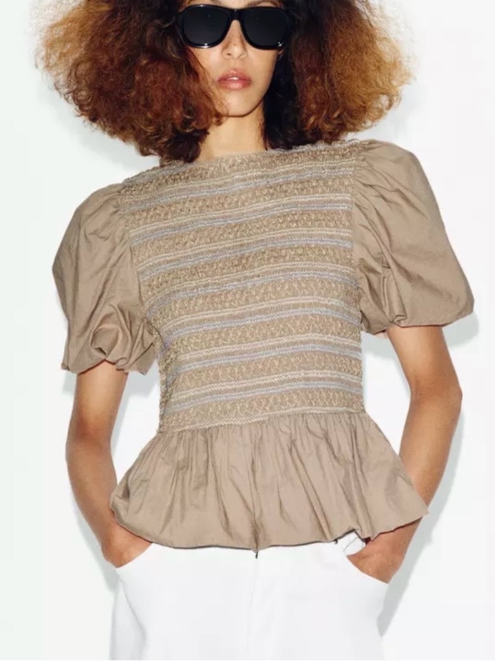 Zara Embroidered Smocked Balloon Top